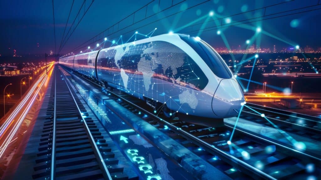 An image of a train surrounded by digital signals, representing the cybersecurity impact and risks to transport, such as in the recent transport for london (TfL) cyberattack.