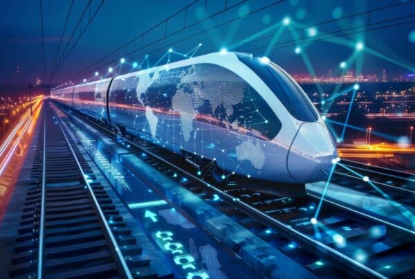 An image of a train surrounded by digital signals, representing the cybersecurity impact and risks to transport, such as in the recent transport for london (TfL) cyberattack.